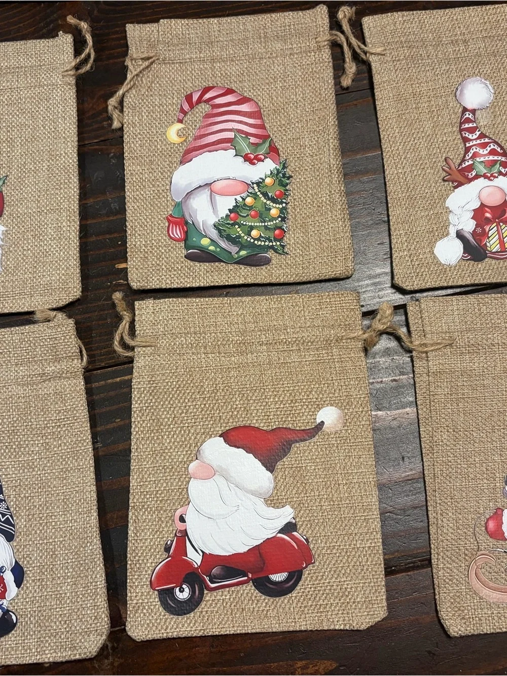 Festive Gnome Burlap Gift Bags – Assorted Holiday Colors